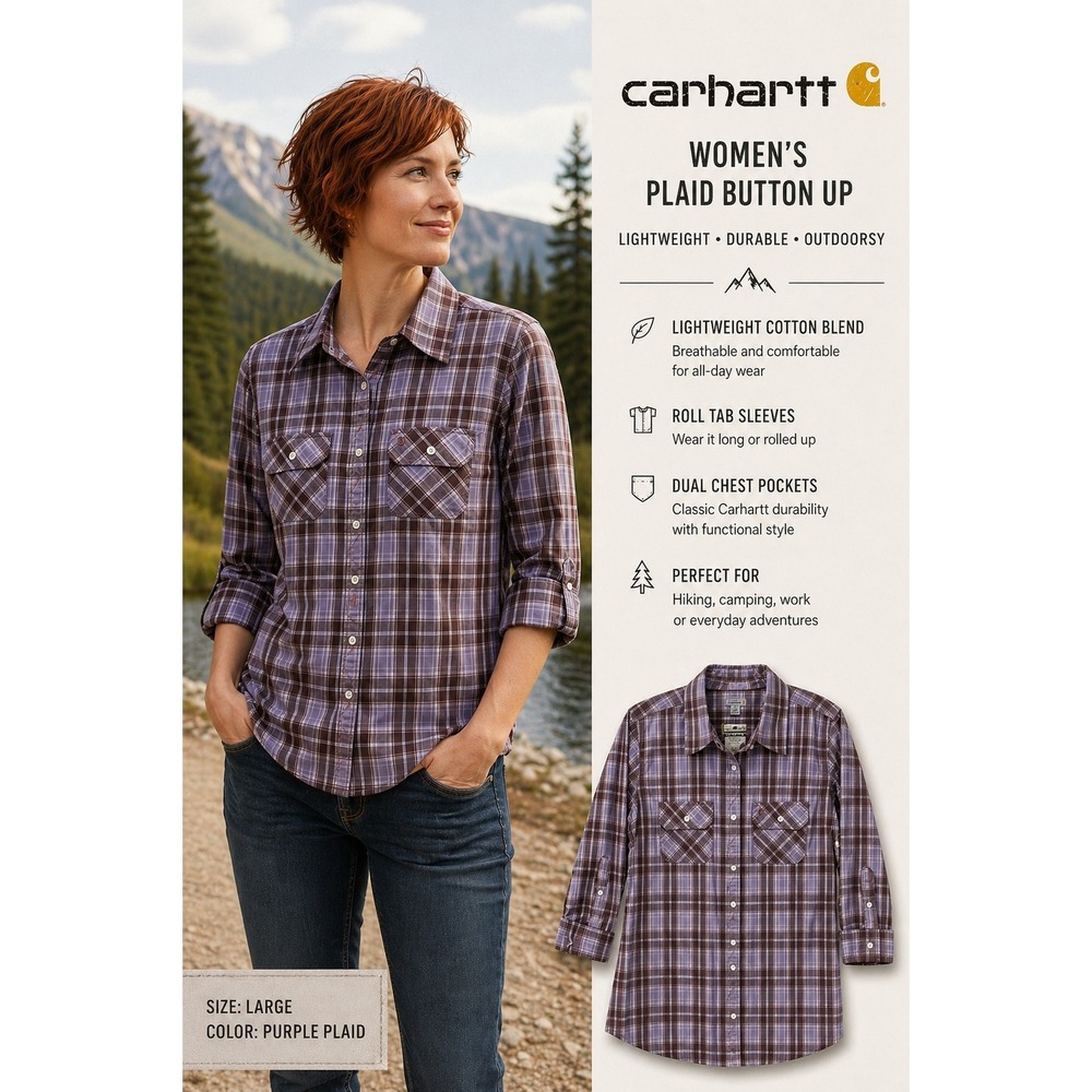 Carhartt Womens Plaid Button Up Shirt Brown Purple 3/4 Sleeve Size L 12/14 NEW